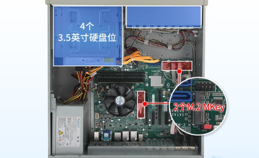 主板自帶4個SATAIII接口，2個M.2M-Key插槽。